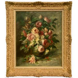 A. LION - Bouquet de Roses, Huile sur Toile