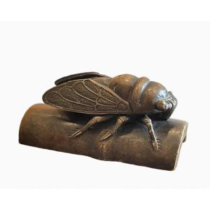 Bronze, Cigale sur Bambou - Poids de Calligraphe