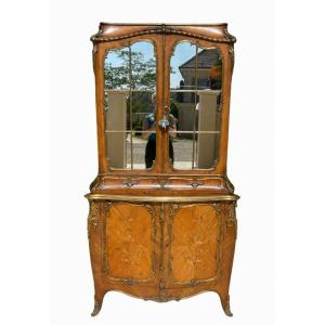 T. Millet - Louis XV Style Vitrine In Marquetry And Gilt Bronze