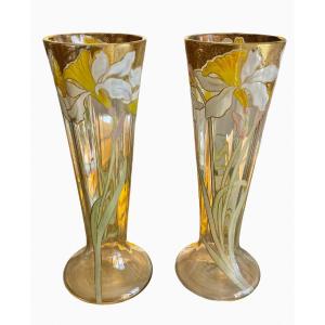 Legras - Pair Of Cornet Vases With Irises