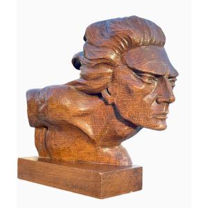 Jean MERMOZ - La Rafale, Buste en Bois Sculpté