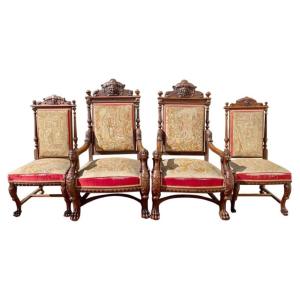 2 Armchairs & 2 Chairs In Walnut Renaissance Style 