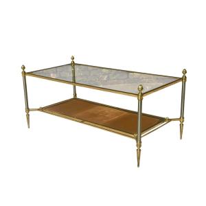 Maison JANSEN - Table Basse en Laiton & Cuir