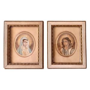 XVIIe - Paire de portraits Religieux en Broderie