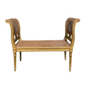 Petite Banquette Bois Doré & Cannage Style Louis XVI 