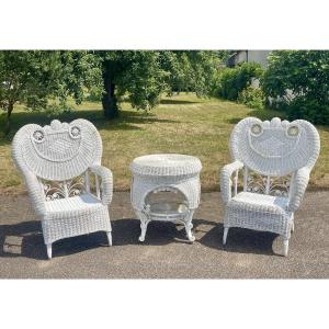 Miscellaneous Pair Of Rattan Garden Chairs And Table