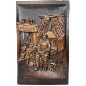 Jules BRET - Panneau en Bois Sculpté