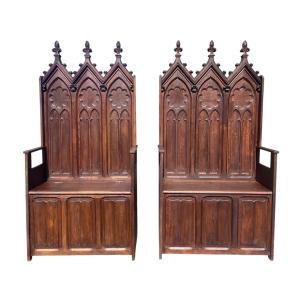 Paire de Bancs-coffres Style Gothique