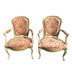 XVIIIe - Pair Of Lacquered Armchairs Period Louis XV