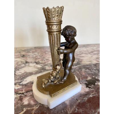 Cupidon - Candlestick In Bronze And Marble - XIXth