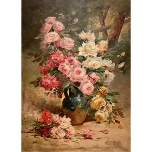 Émile GODCHAUX - Bouquet de Roses, Huile sur Toile