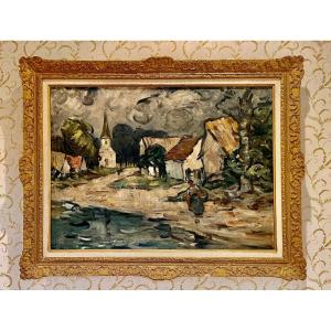 Abel BERTRAM - Scène de Village, Huile sur Toile