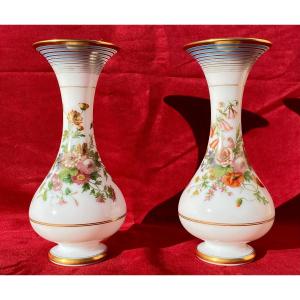 Paire de Vases en Opaline  « Roses & Coquelicots »