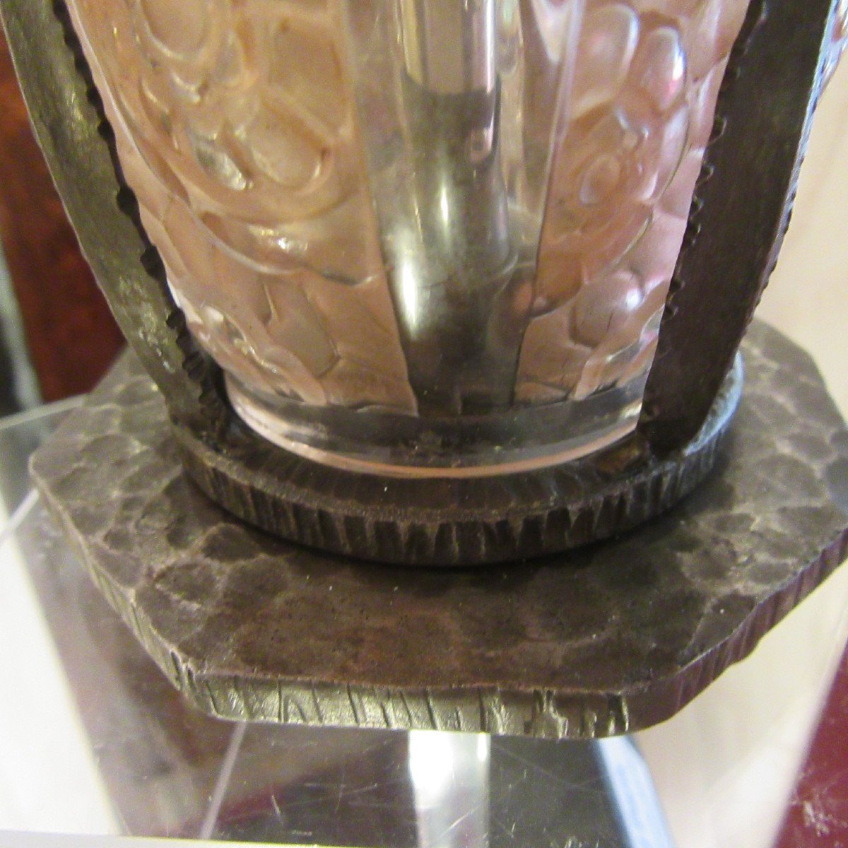 Robj Beautiful Night Light And Incense Burner In Molded Glass On Wrought Iron Foot Period 1910/1915-photo-4