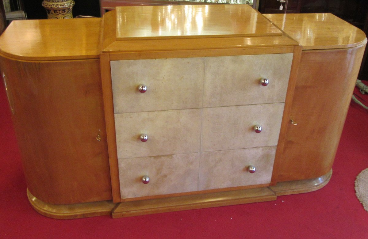 Buffet Art-déco en Sycomore et facade des tiroirs en Parchemin