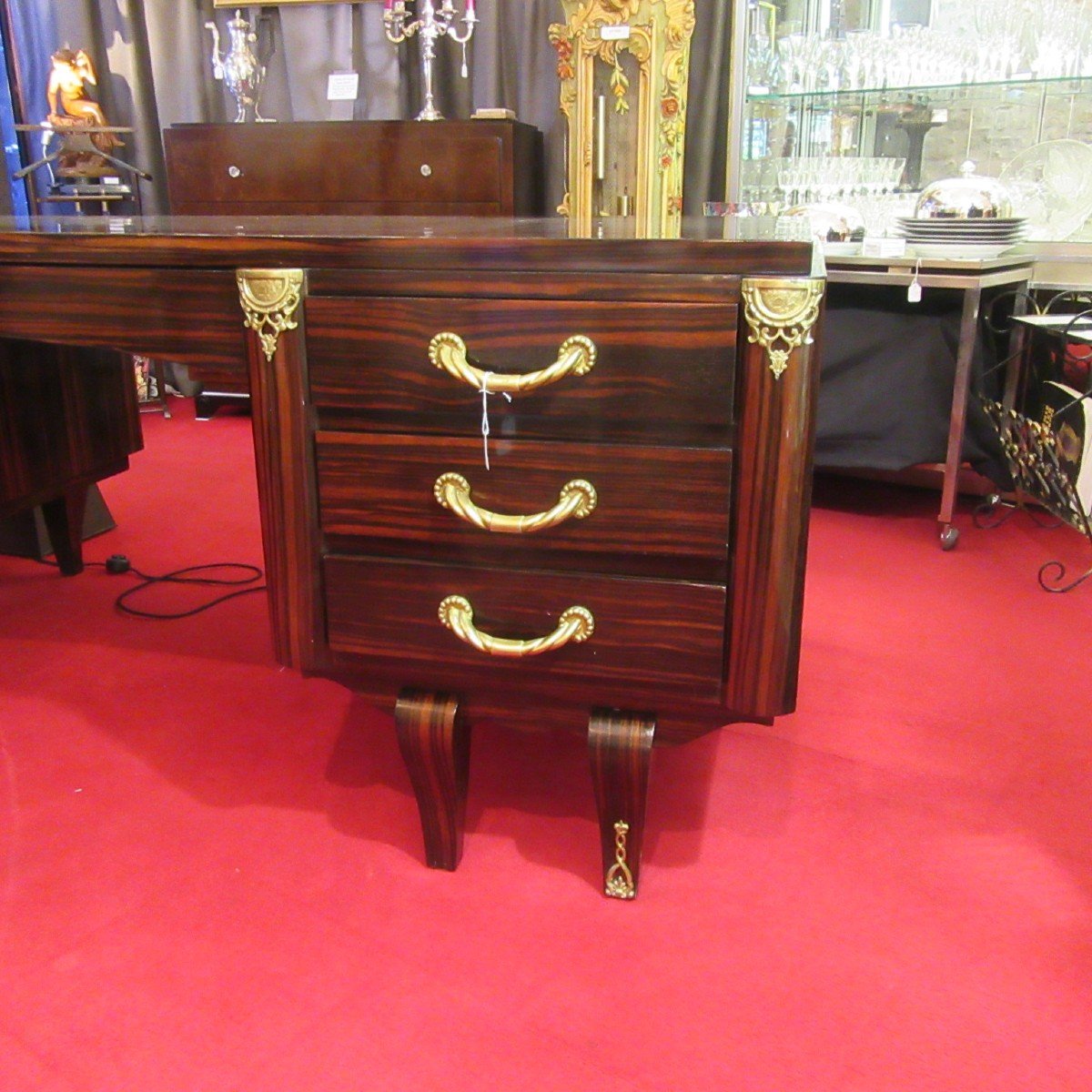 Art-deco Desk Large Model In Rosewood Veneer And Bronze Handles-photo-3