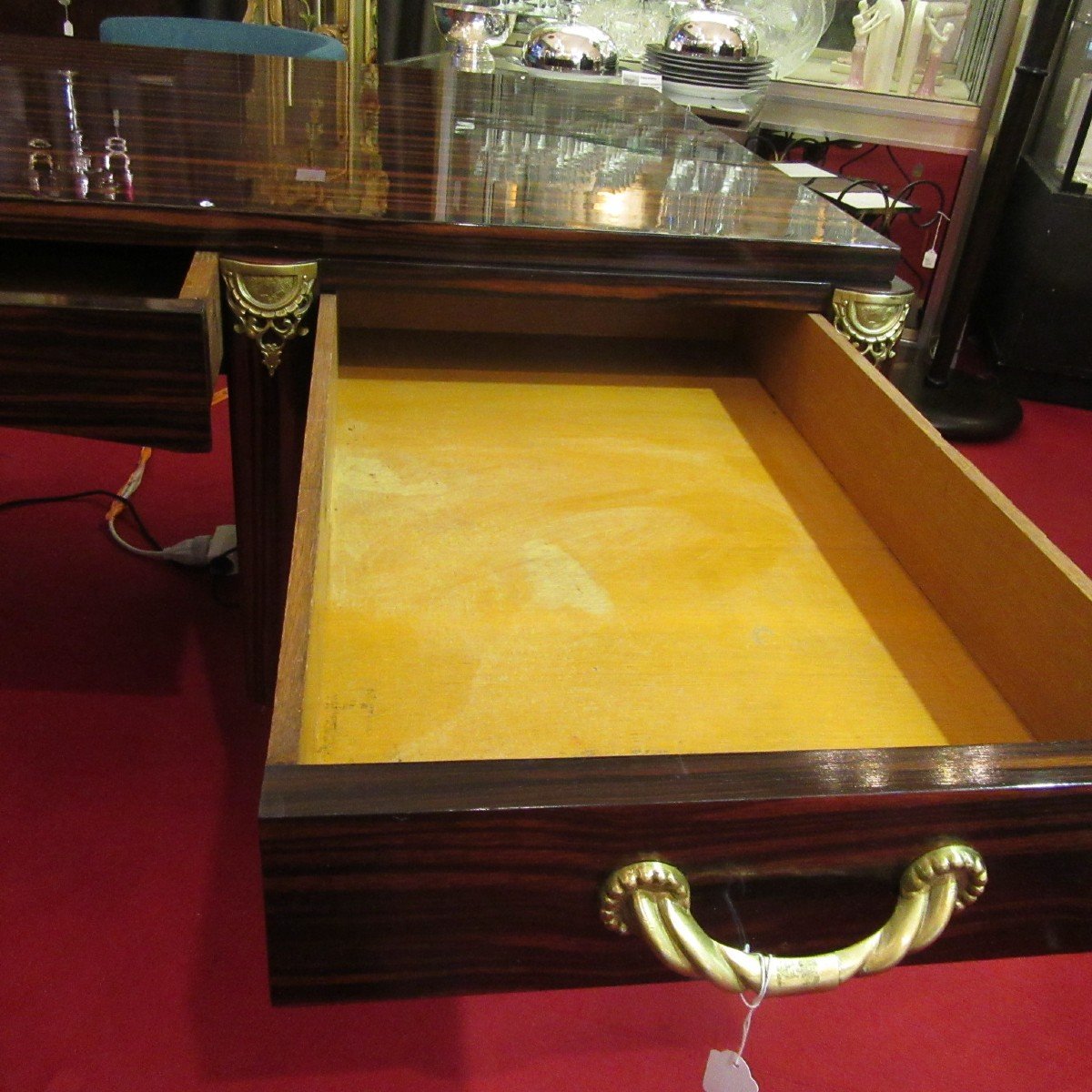 Art-deco Desk Large Model In Rosewood Veneer And Bronze Handles-photo-4