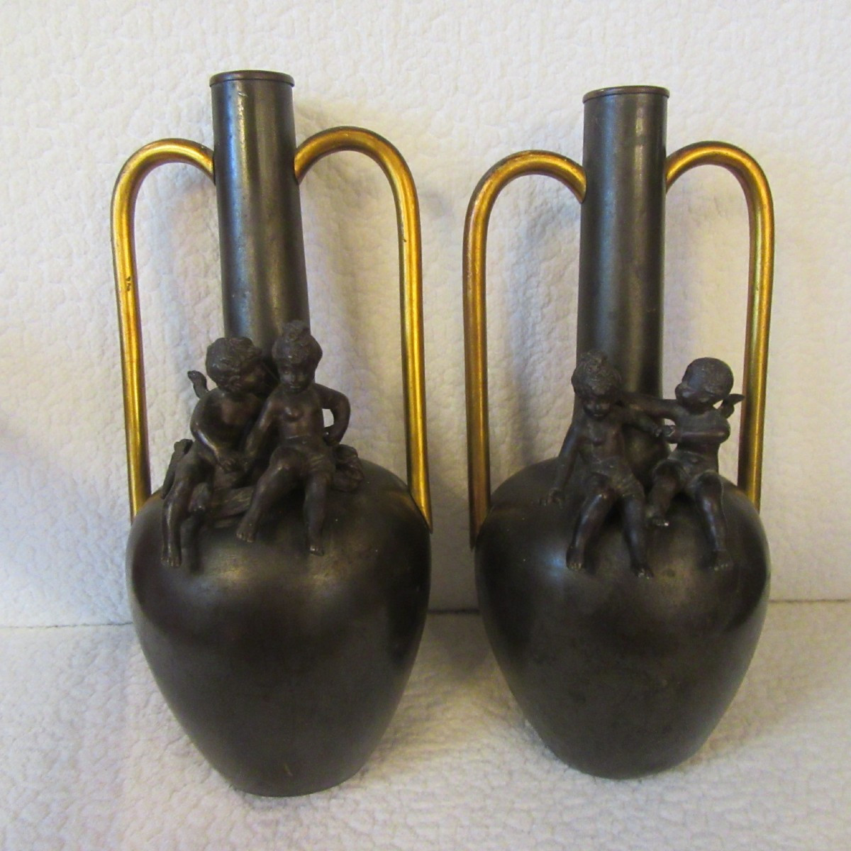 Pair Of Bronze Pitcher Vases With 2 Cherubs From The 1920s/30s-photo-8