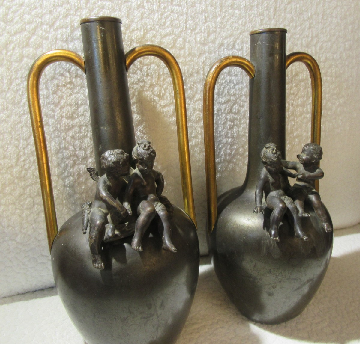Pair Of Bronze Pitcher Vases With 2 Cherubs From The 1920s/30s