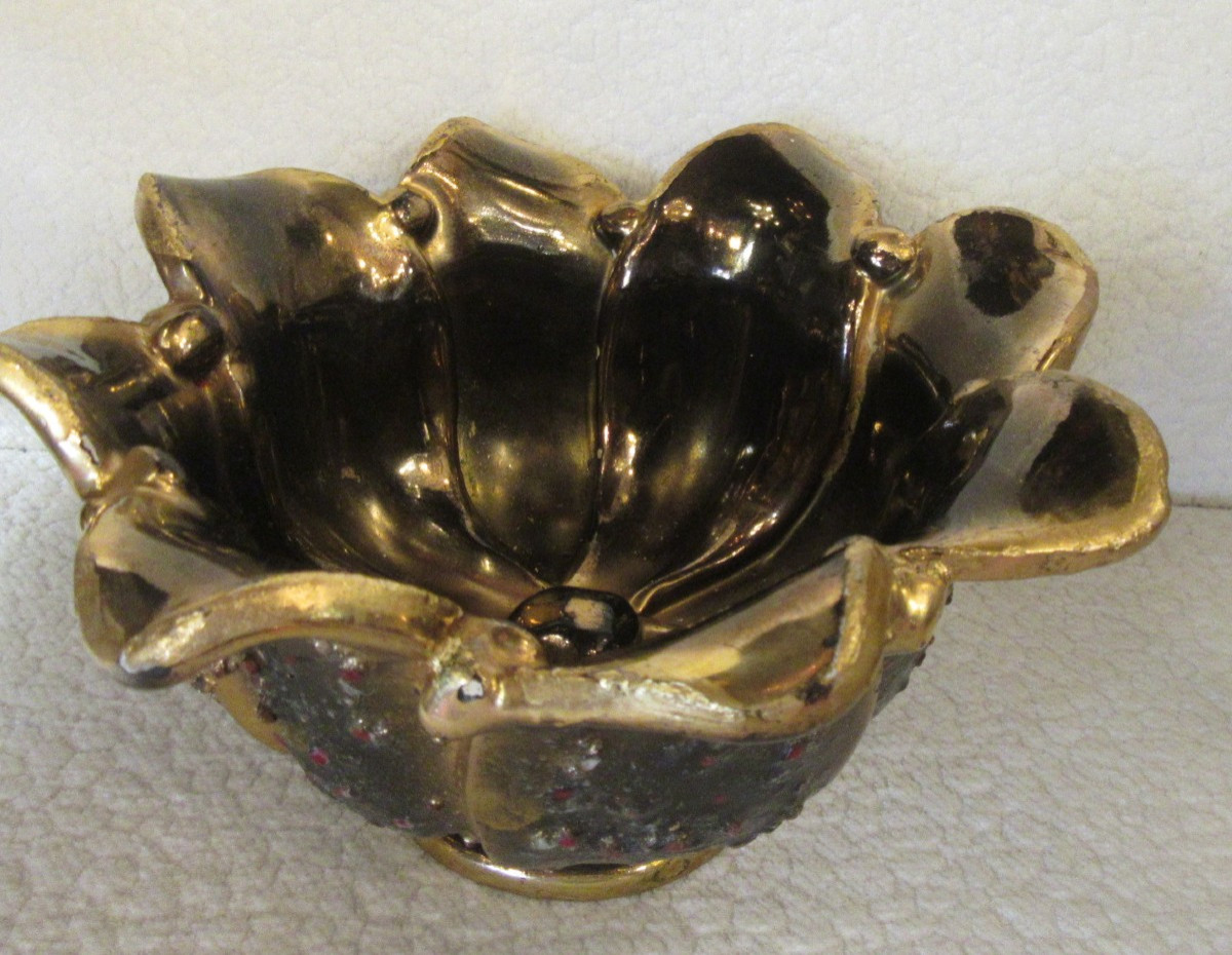 Louis Dage Ceramic Basket Vase Enhanced With Gold