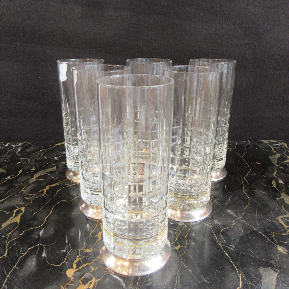 6 verres à cocktail, orangeade en cristal et pied en argent massif