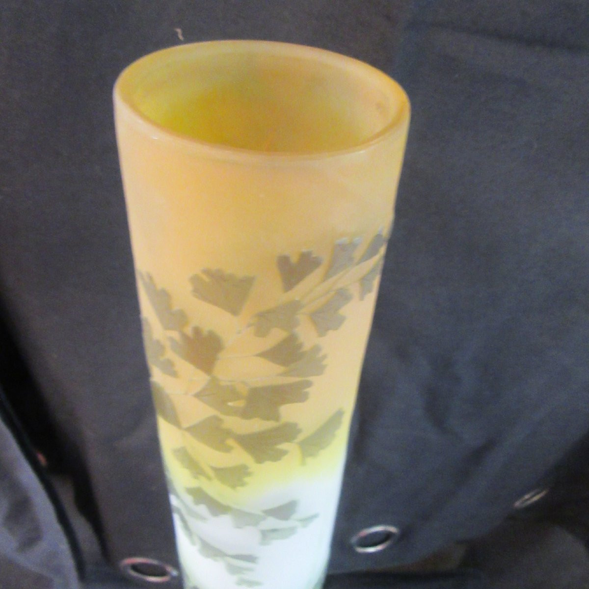 Gallé - Grand Vase forme Tube et décor dégagé à l'acide décor de feuilles de Ginko-photo-5