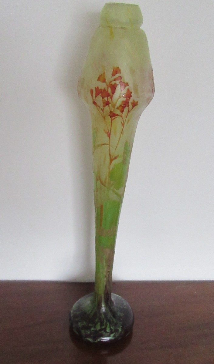 Daum Vase With A Tapered Shape And An Acid-etched Decoration Of Orange Flowers, 59cm.