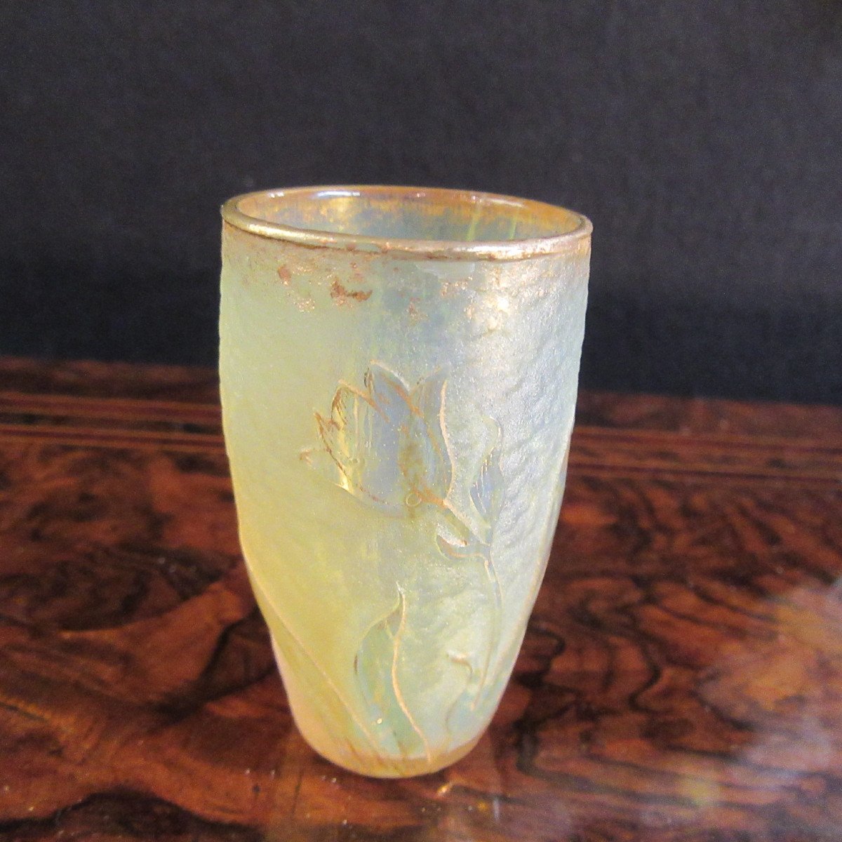 Daum Miniature Vase Height 5.8cm, Decor Cleared With Acid And Gold Flange-photo-1