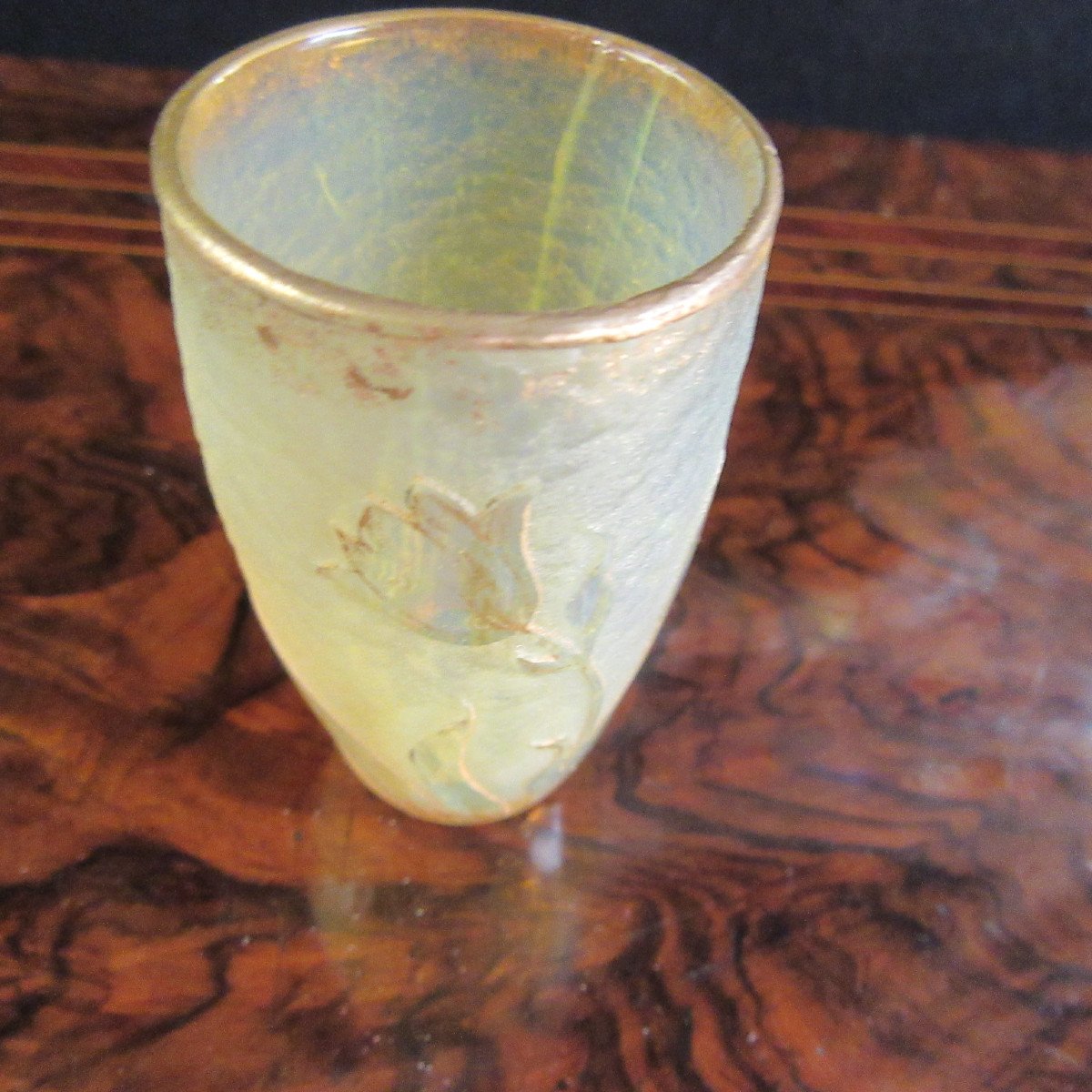 Daum Miniature Vase Height 5.8cm, Decor Cleared With Acid And Gold Flange-photo-2