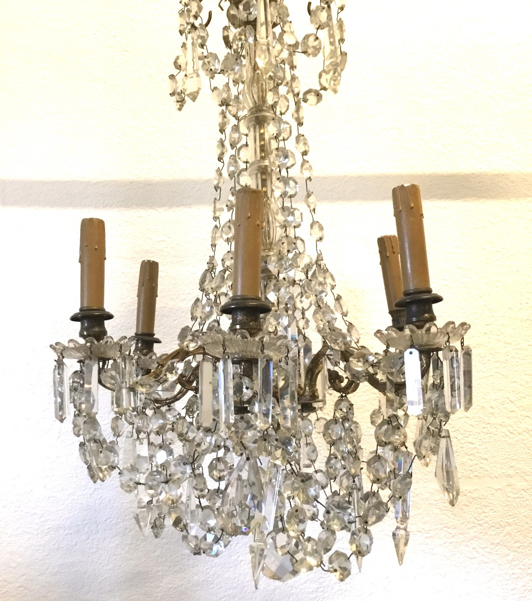 Proantic: Lustre En Bronze Et Pampilles à 6 Bras De Lumieres