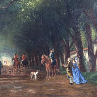 école Française Du XIXe.importante Huile Sur Toile .cavaliers Et Personnages En Forêt -photo-3