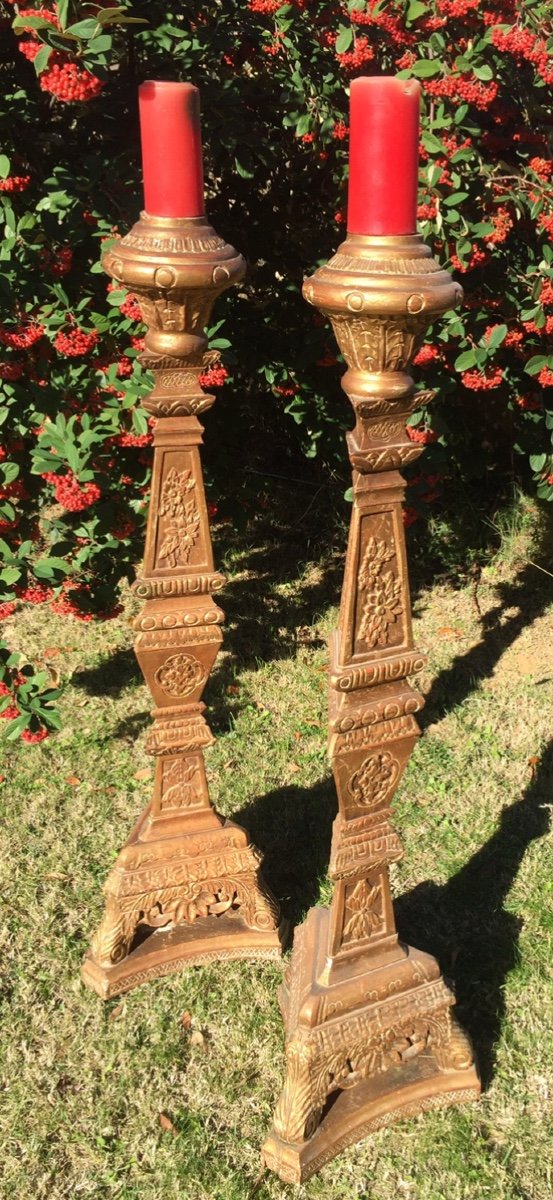 Very Beautiful Pair Of Torcheres In Carved And Gilded Wood-photo-1