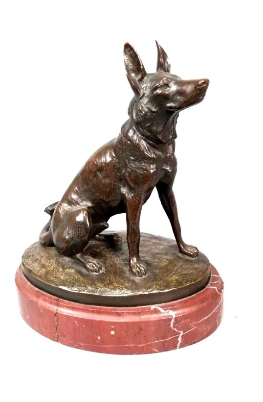  Bronze By Robert Bousquet .german Shepherd On Marble Base .h:26cm-photo-1