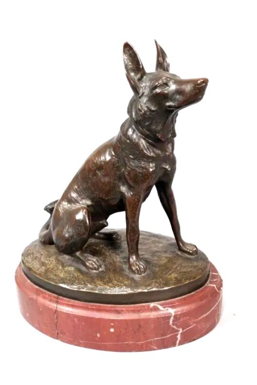  Bronze By Robert Bousquet .german Shepherd On Marble Base .h:26cm
