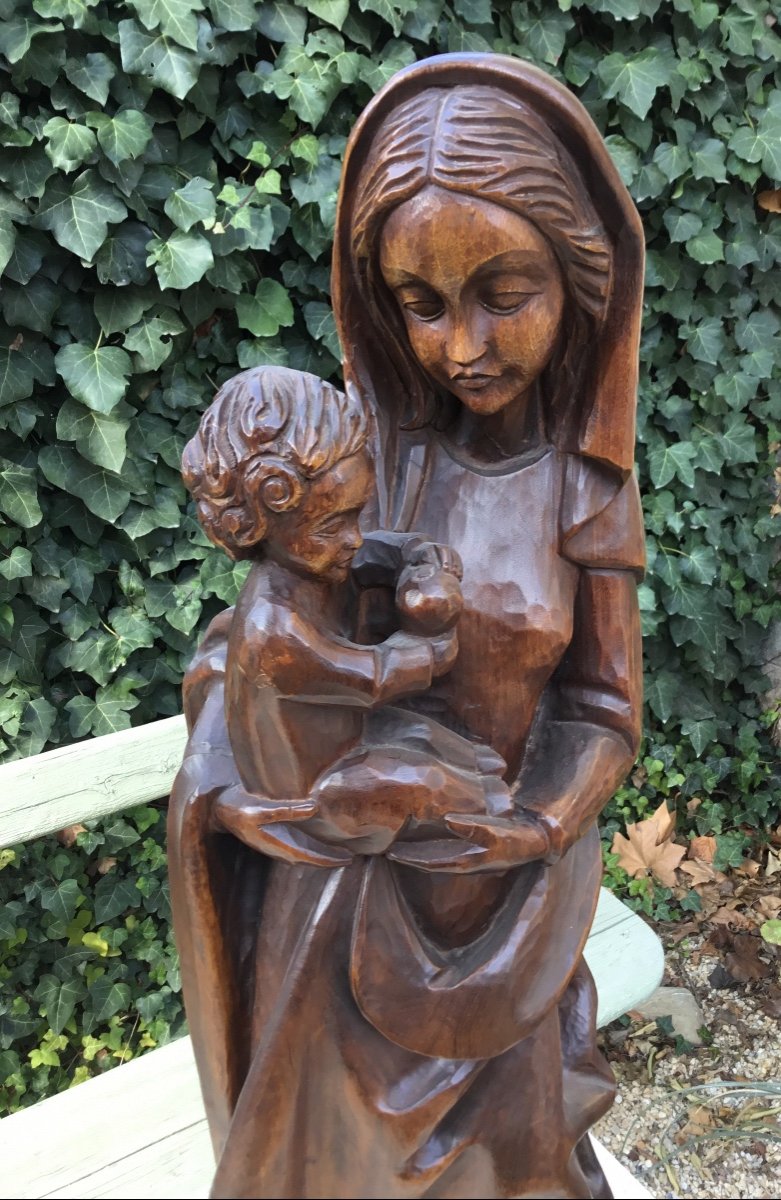 Importante Vierge à L’enfant En Bois Sculpté.début XXeme -photo-3