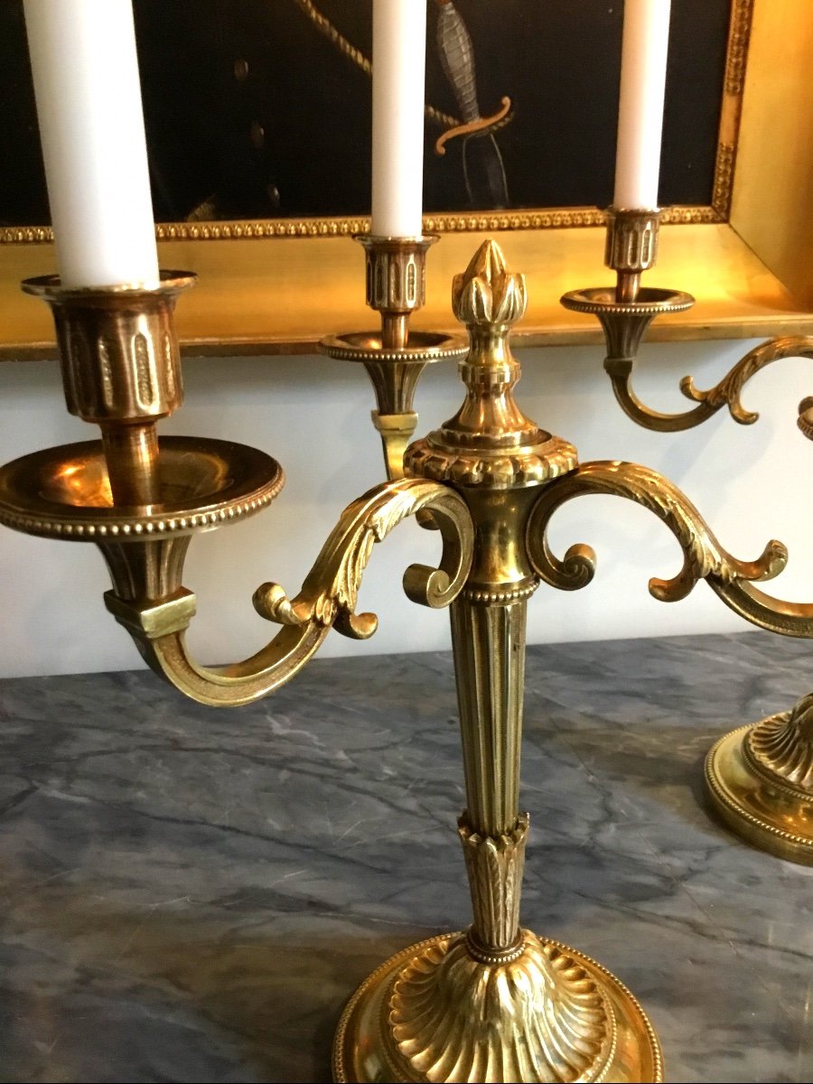 Pair Of Louis XVI Style Candelabra In Gilt And Chiseled Bronze-photo-3