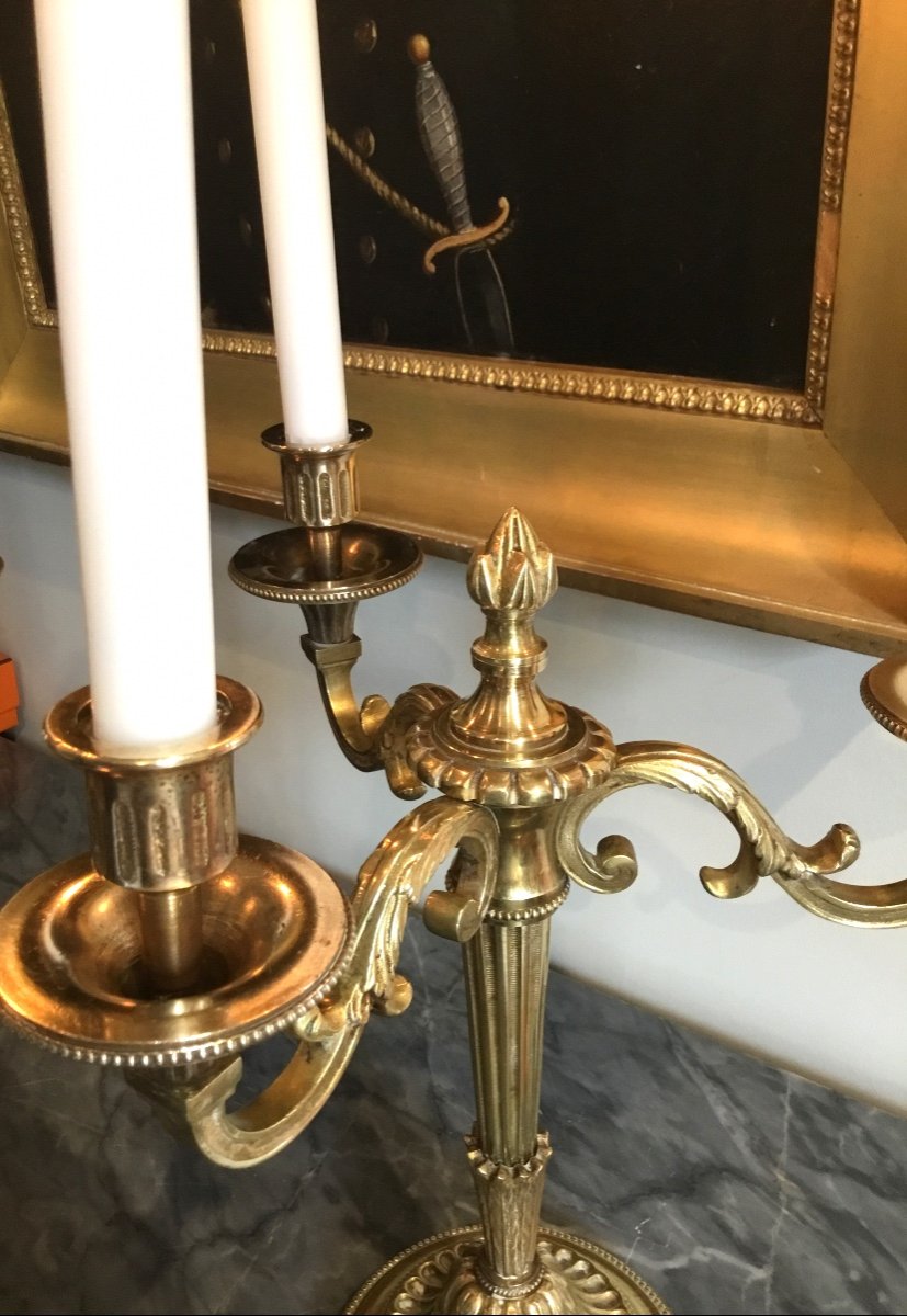 Pair Of Louis XVI Style Candelabra In Gilt And Chiseled Bronze-photo-4
