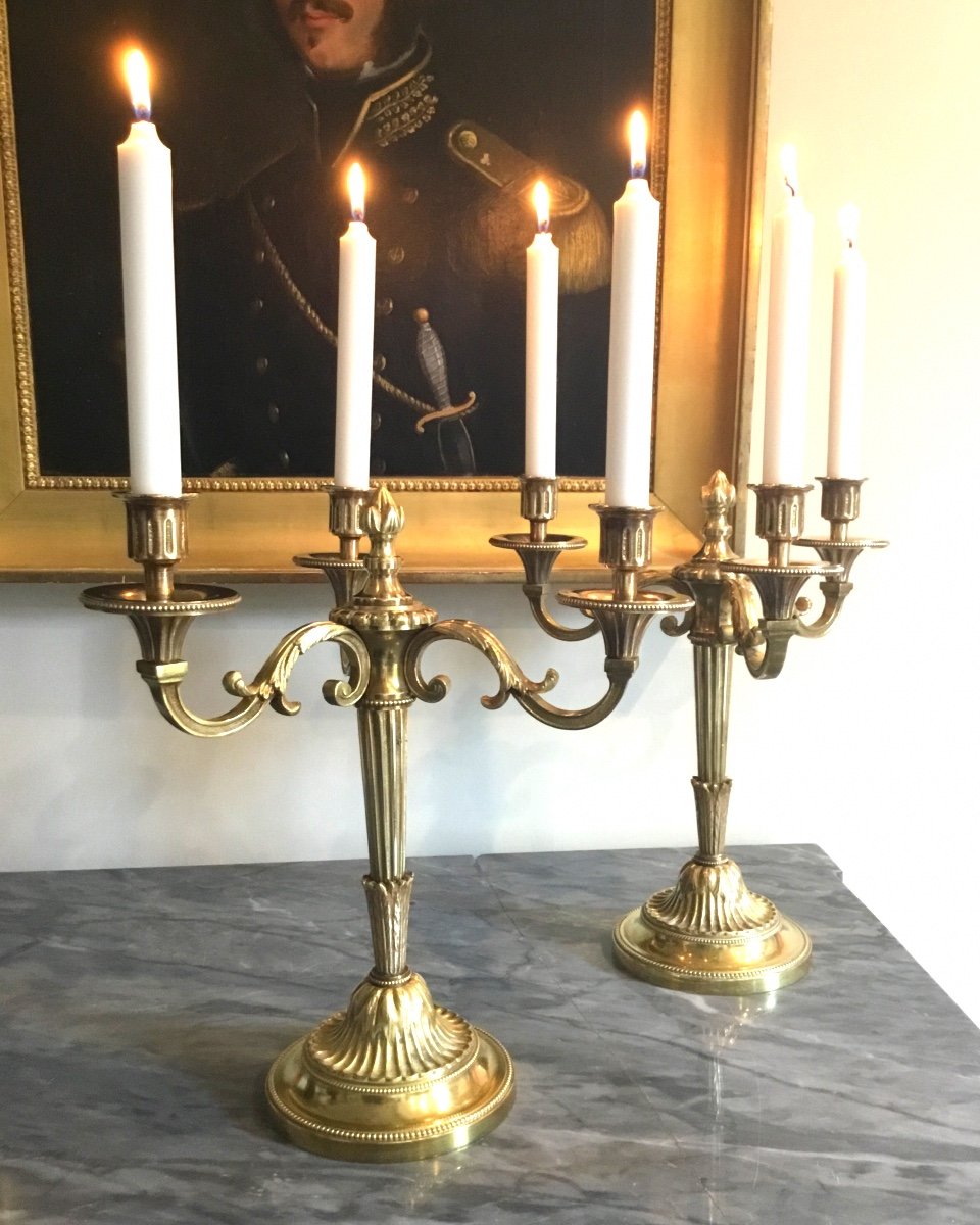 Pair Of Louis XVI Style Candelabra In Gilt And Chiseled Bronze