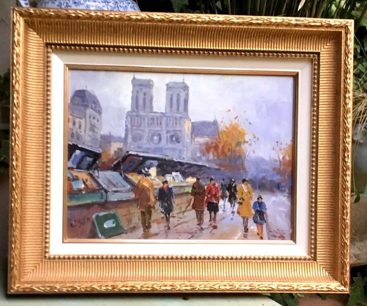 Walter Sita XX Eme Huile Sur Toile .notre Dame Et Les Bouquinistes 