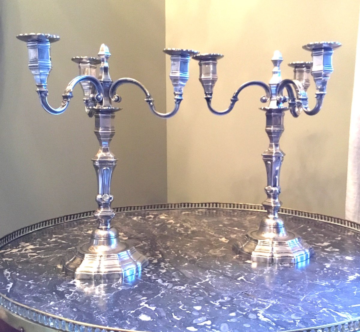 Pair Of Silver Metal Candlesticks With 3 Lights In Regency Style-photo-2