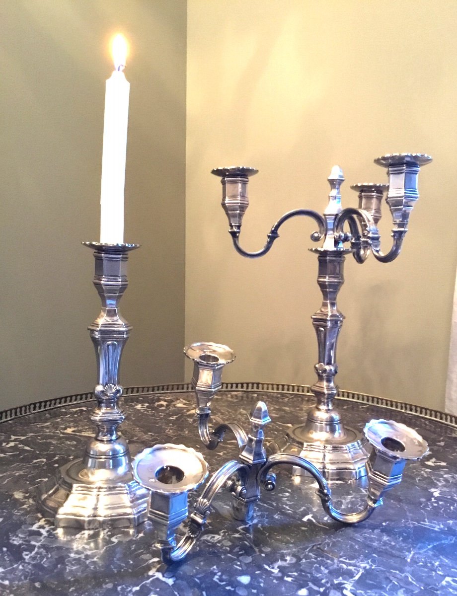 Pair Of Silver Metal Candlesticks With 3 Lights In Regency Style-photo-4
