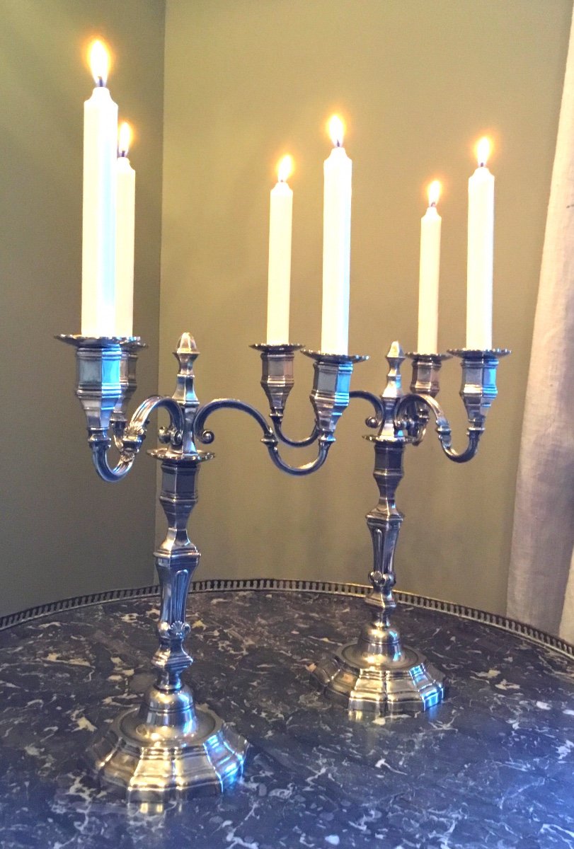 Pair Of Silver Metal Candlesticks With 3 Lights In Regency Style