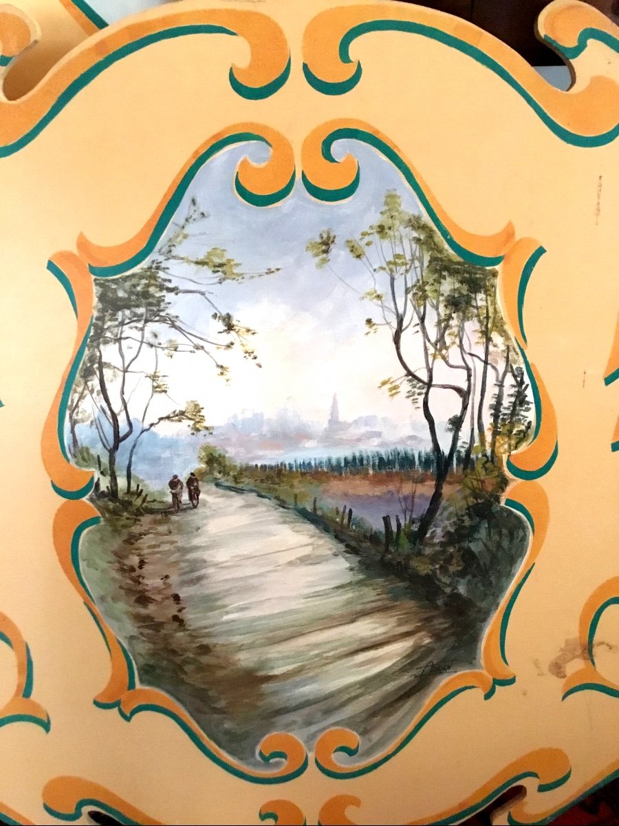 4 Wooden Panels From A Carousel Representing Village Scenes. Signed Adrien-photo-2