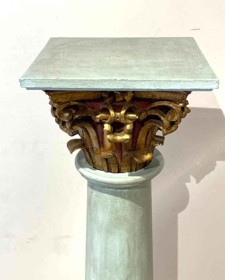 Church Column In Patinated Wood With Corinthian Capital Early 19th Century -photo-2