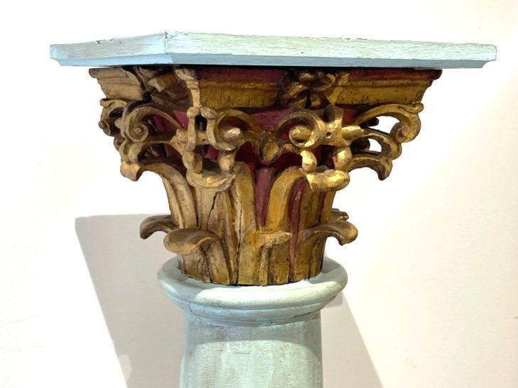 Church Column In Patinated Wood With Corinthian Capital Early 19th Century -photo-3