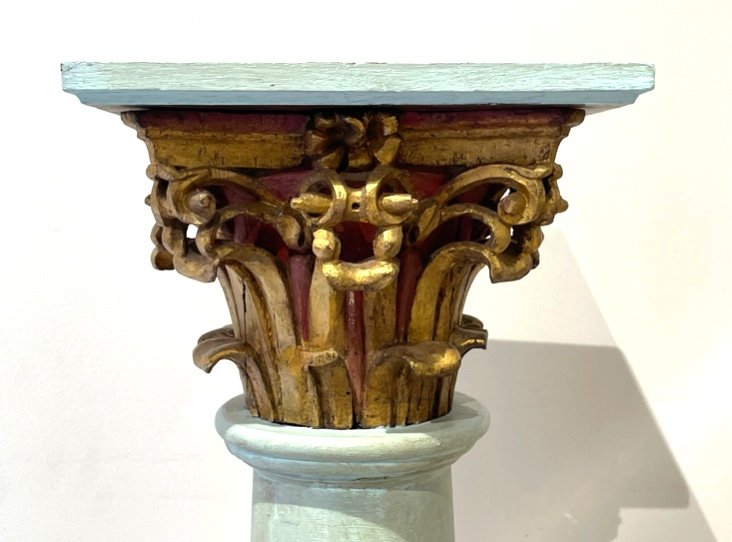 Church Column In Patinated Wood With Corinthian Capital Early 19th Century -photo-4