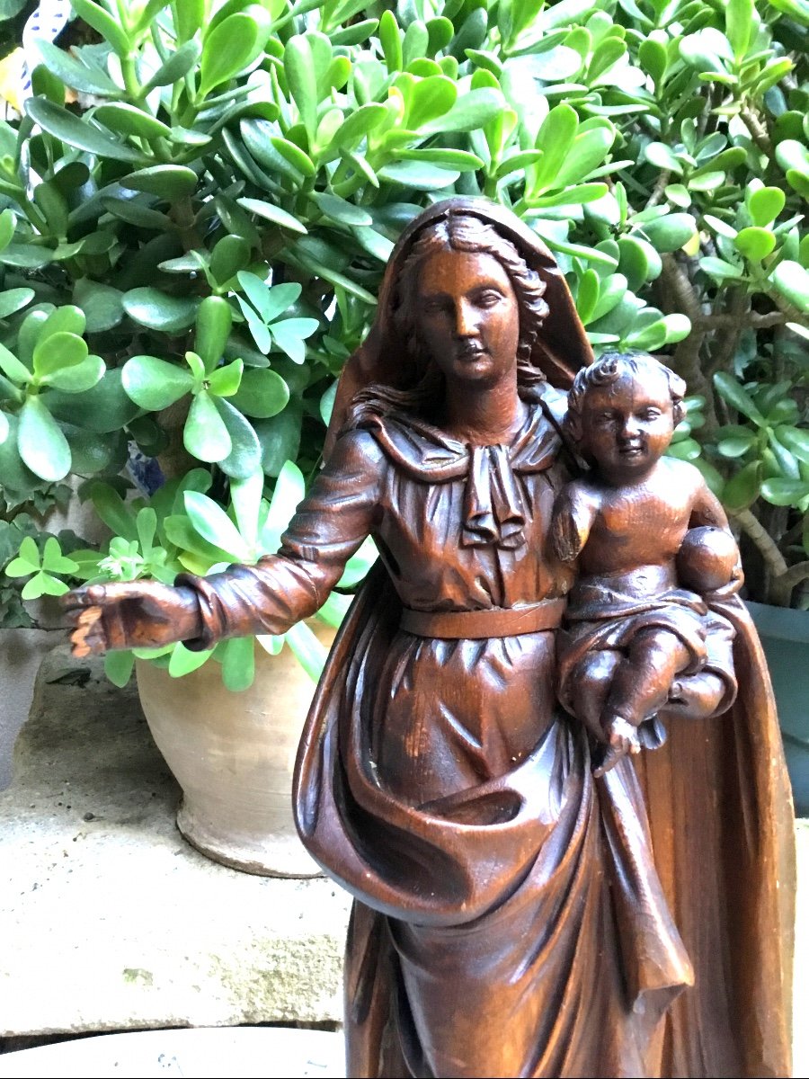 Vierge à L’enfant En Bois Sculpté Fin XVIIIeme -photo-2