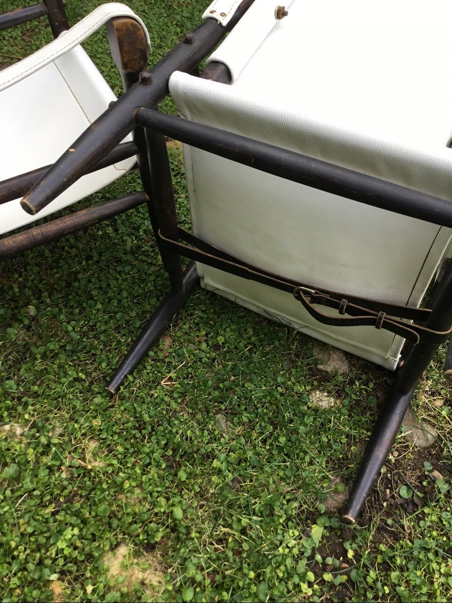 60s..pair Of Armchairs In The Safari Style In Wood And White Leather-photo-2