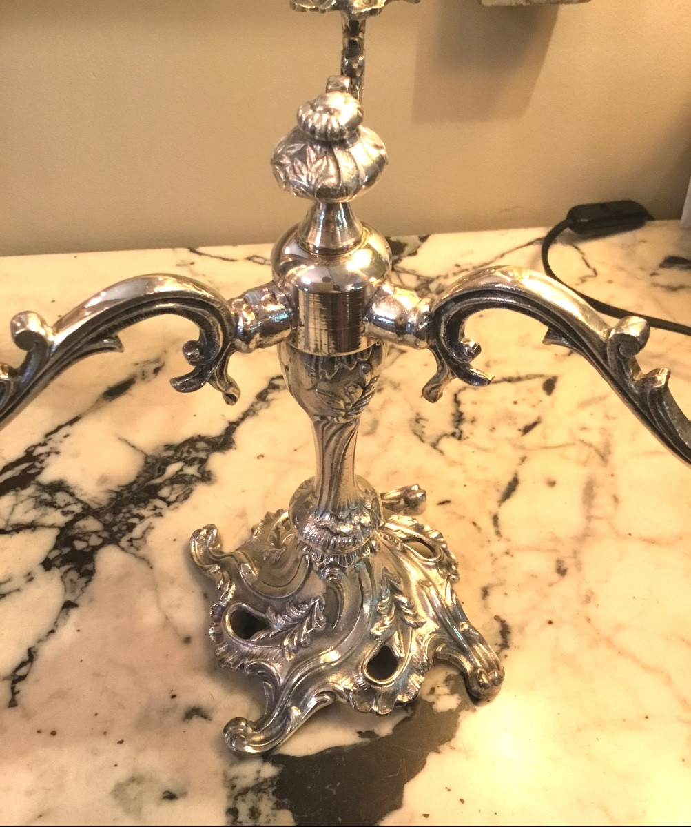Pair Of Louis XV Style Candelabras With 3 Lights In Silver Metal -photo-2