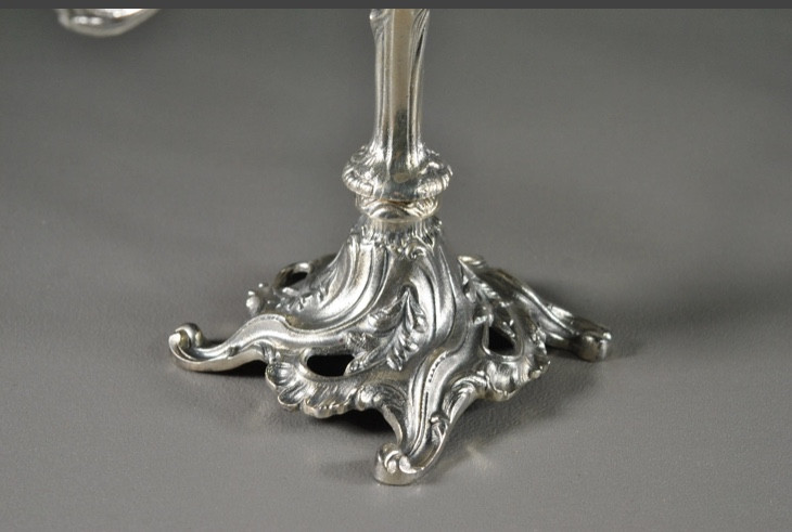 Pair Of Louis XV Style Candelabras With 3 Lights In Silver Metal -photo-1